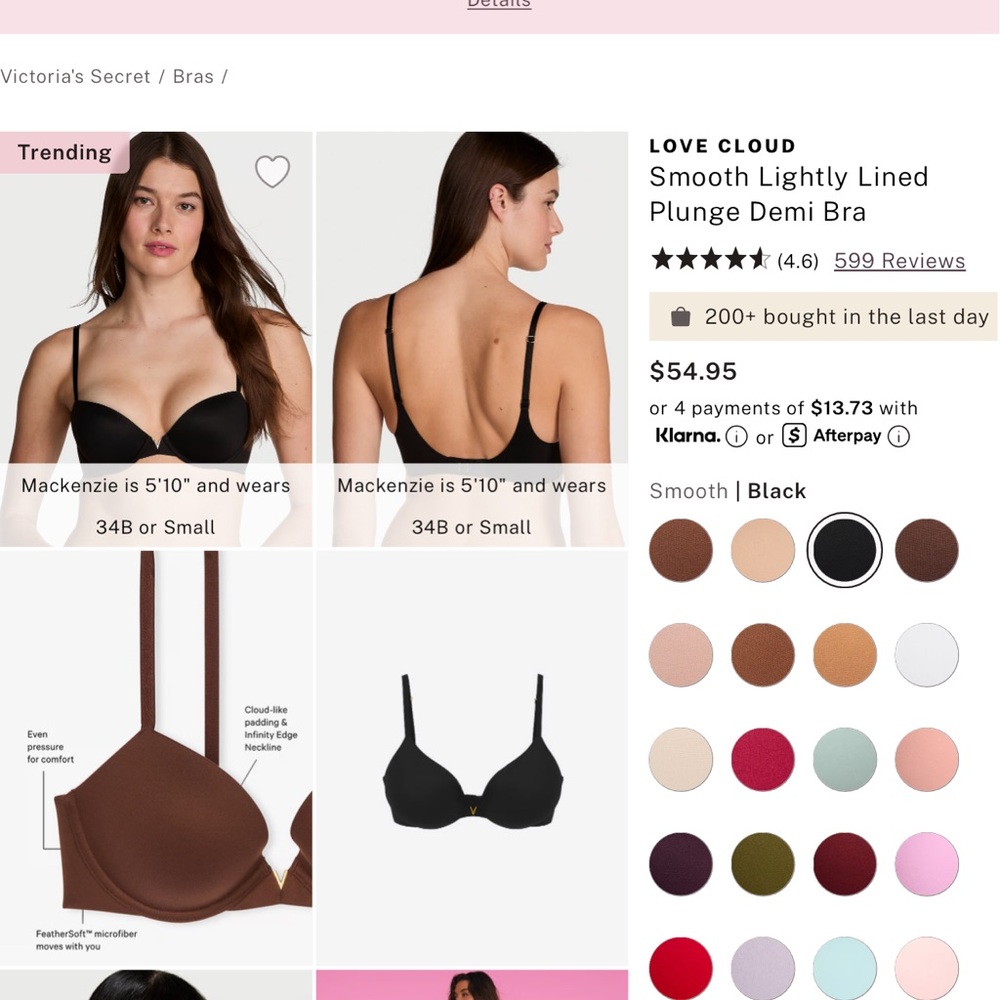 Victoria's Secret Smooth Lightly Lined Plunge Demi Bra - Black